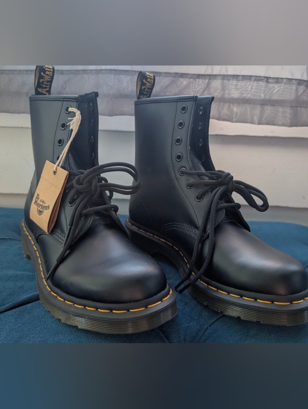 NWT Dr. Martens Black Leather 8-Eye Combat Boots with Yellow Stitching